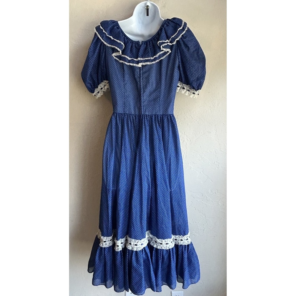 Vintage 1970s Handmade Prairie Dress S M Blue Polka Dot Lace Cottagecore Boho - Picture 3 of 9
